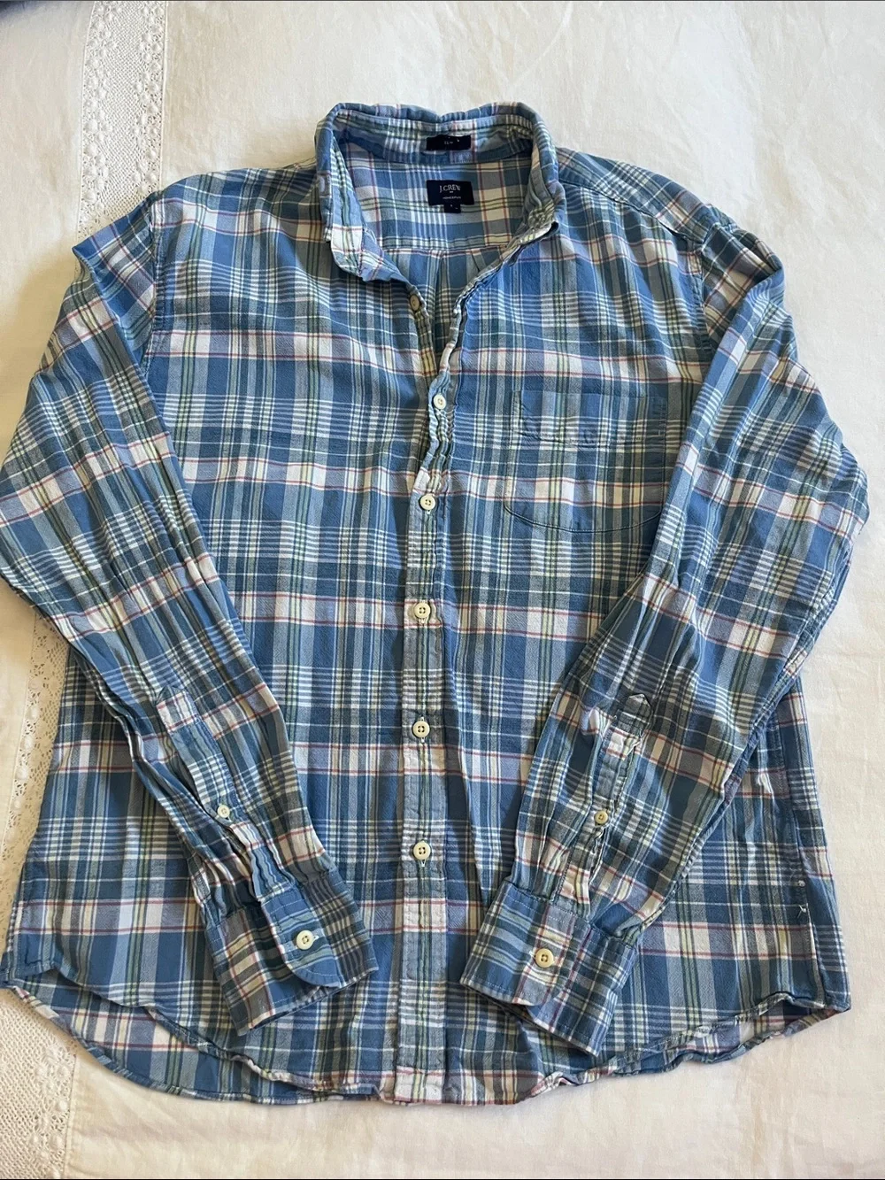 J. Crew Blue Plaid Homespun Button Down Slim Fit Shirt, Size Large
